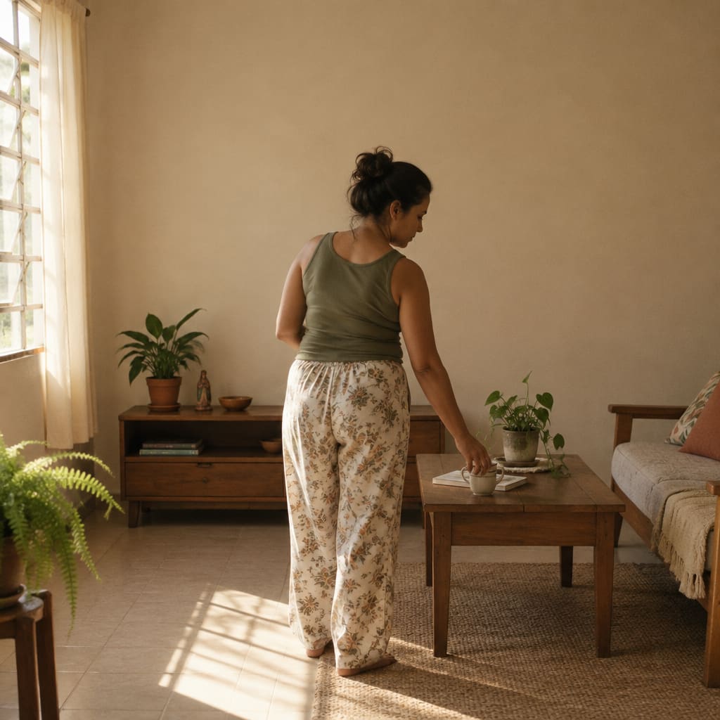 A mãe, de costas, organiza a manhã em casa.