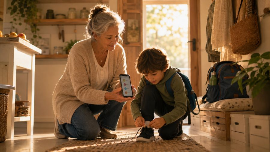 Quem cuida mostra o celular para Théo enquanto ele calça o tênis.